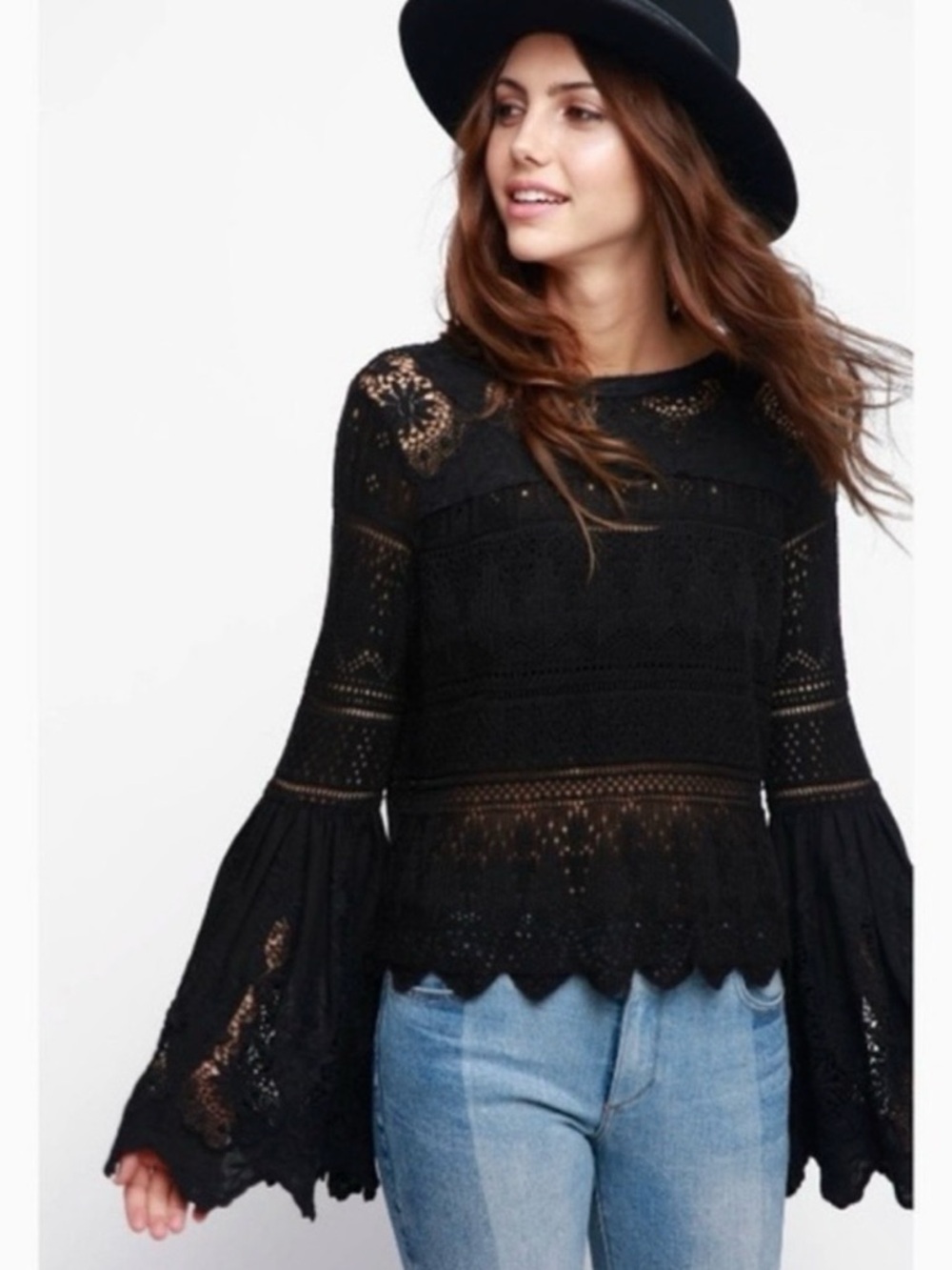 Free People Women Black Crochet Lace once upon a time Bell-Sleeve Blouse Size 6